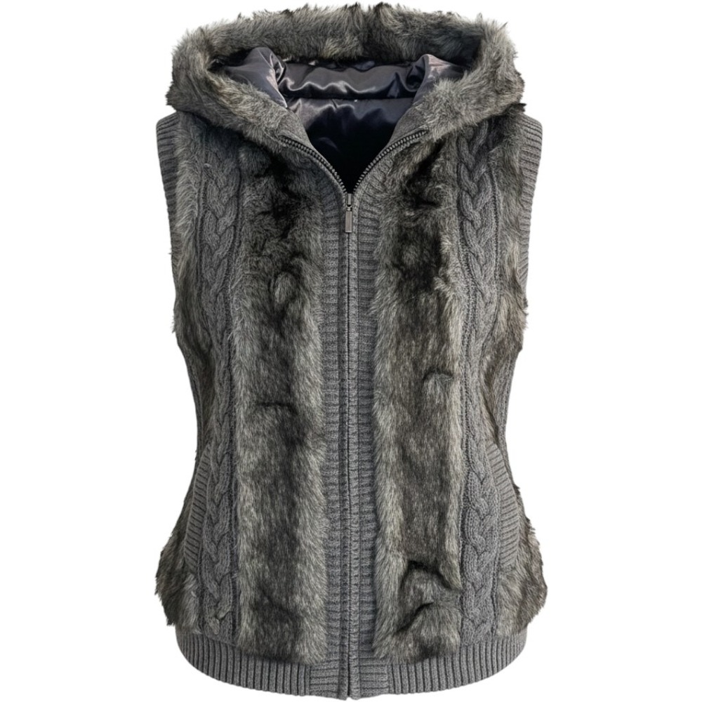 Green Tea Vest Women Medium Grey Faux Fur Hooded Cable Knit Mixed Media Zip Up
